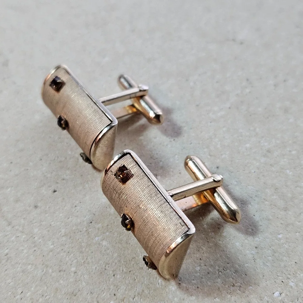 Swank‎ Vtg Gold Tone Textured Rhinestone Cufflinks Smoky Brown Mid Century MCM